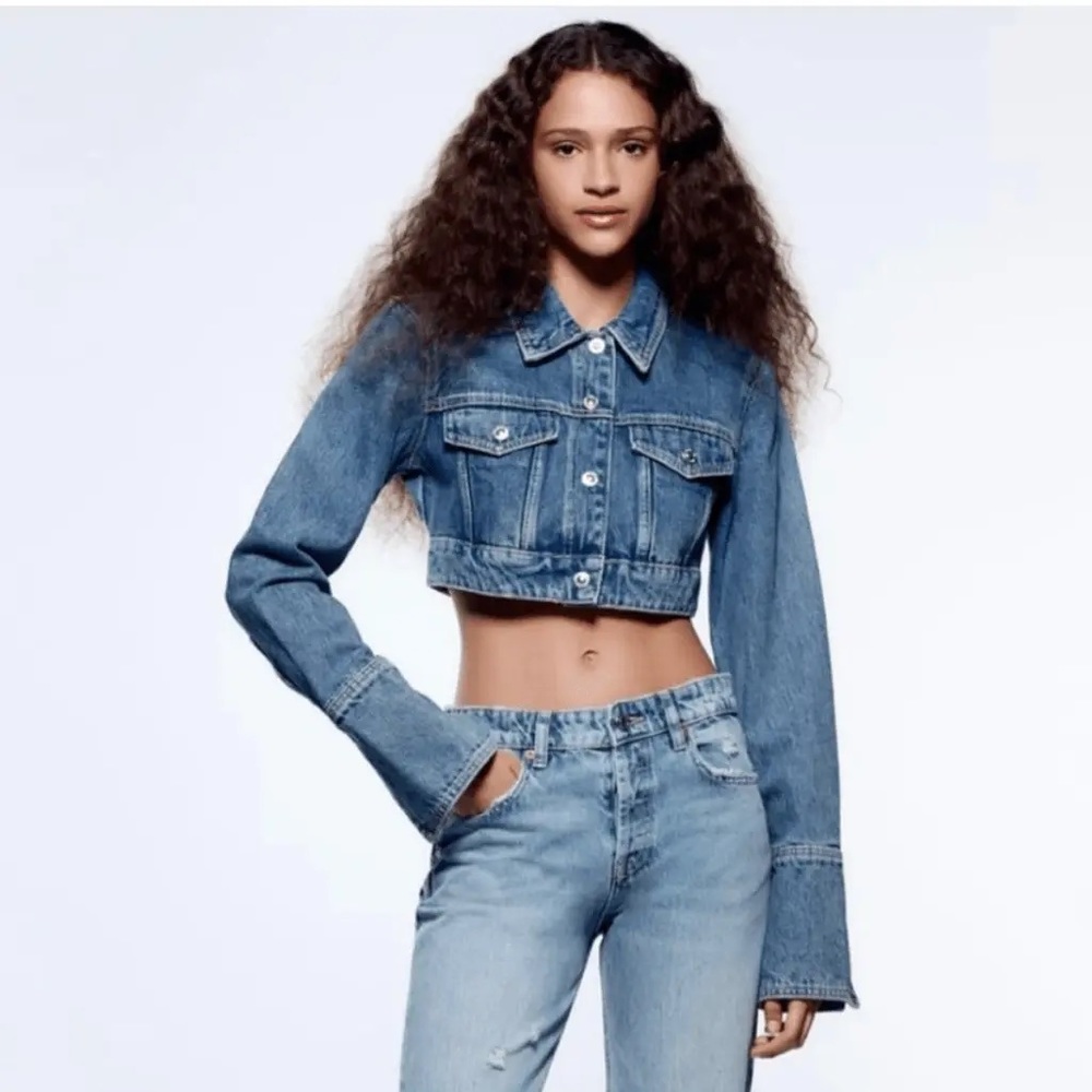 Zara Cropped Denim Jacket Bell Sleeve